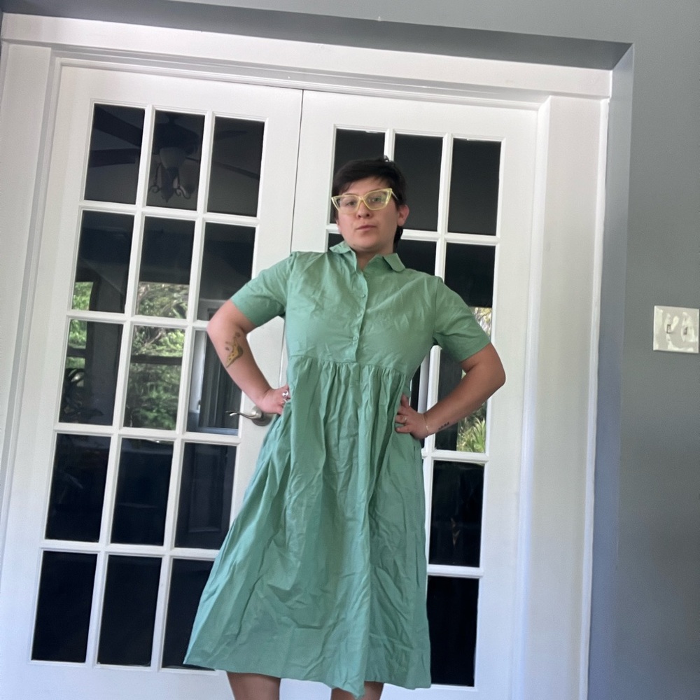 Green Tiered Midi Dress with Mandarin Collar
